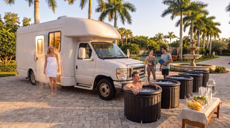 The line of ice-filled cold tubs beside the mobile sauna.
