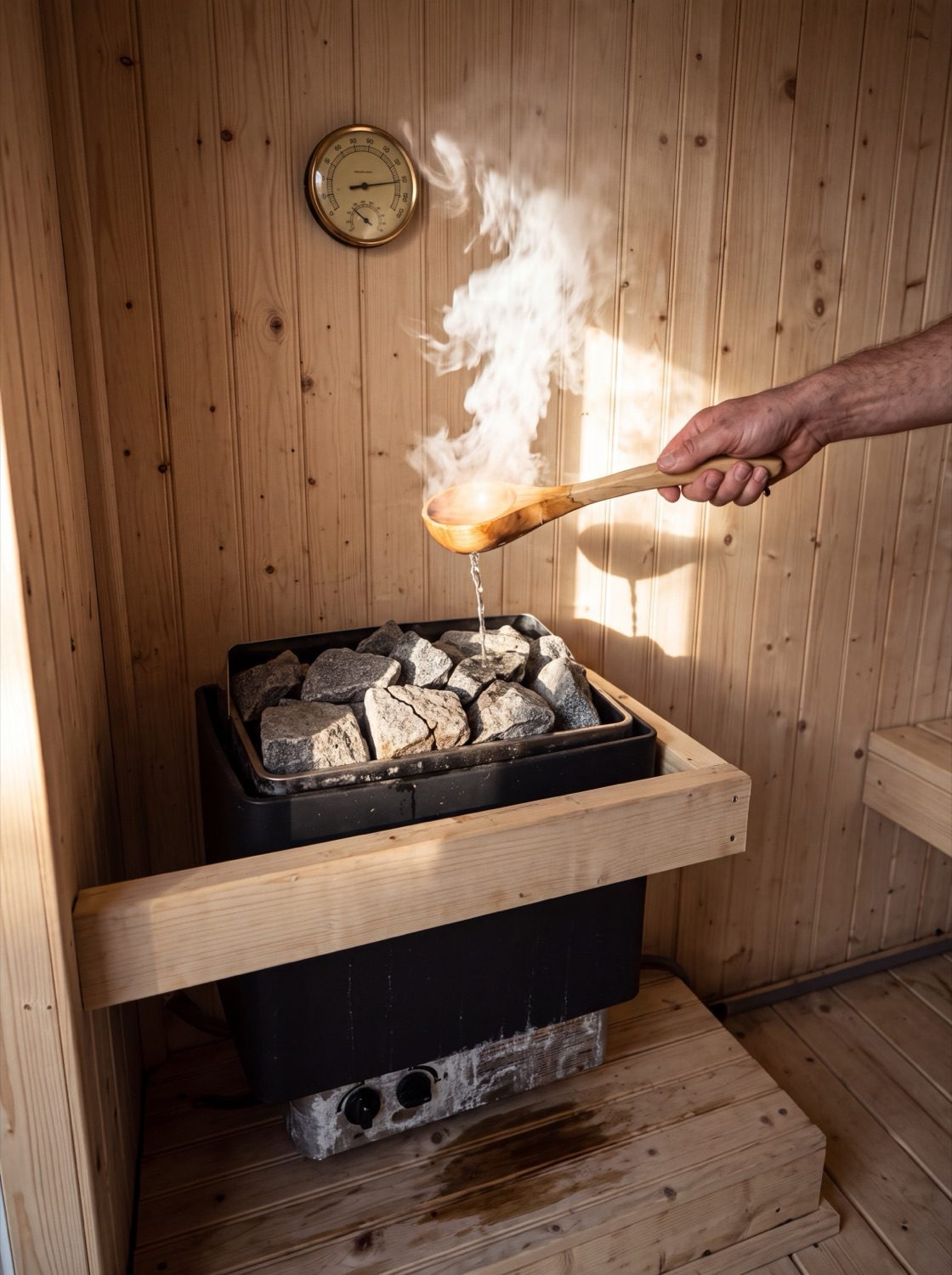 Water poured from the ladle over the hot stones, steam bursting up the pine wall.