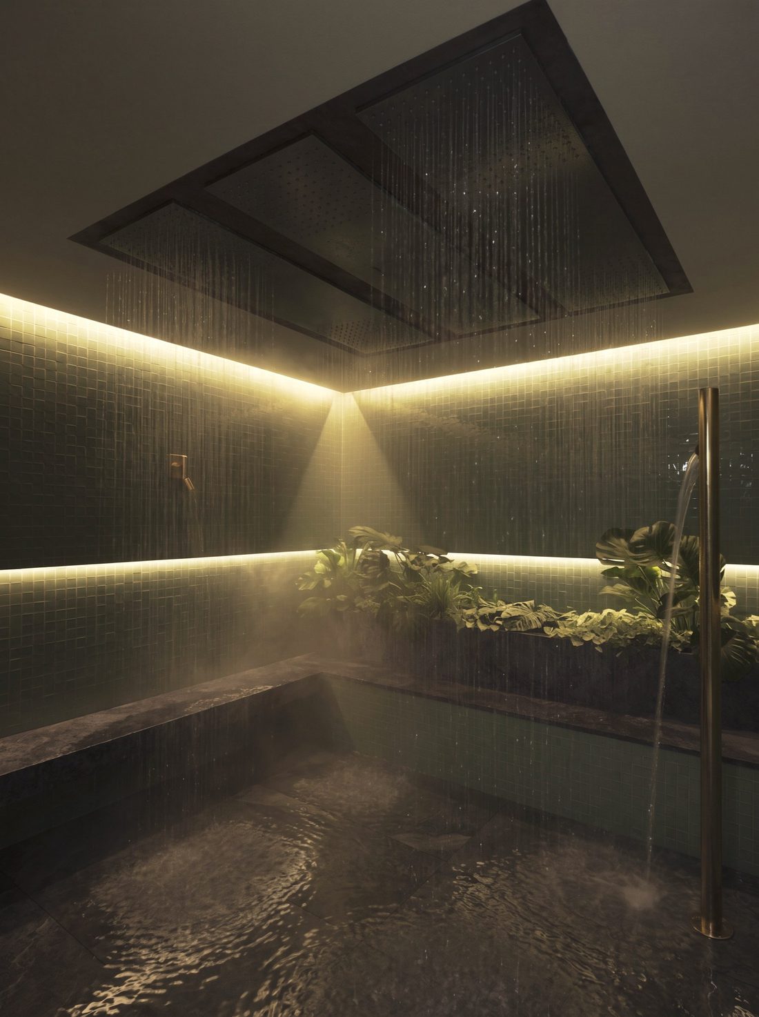 The rainforest shower: rain falling from ceiling panels onto rippling stone, cove-lit green mosaic walls and a monstera planter.
