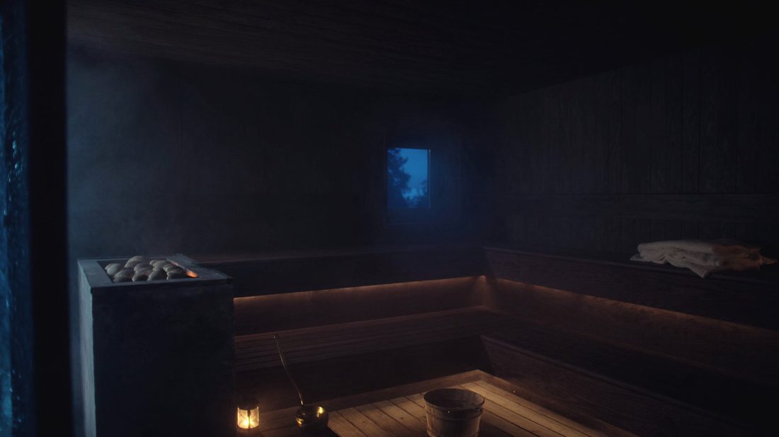 The sauna: the dark steam room with tiered cedar benches, stones on the stove, one small window to a blue evening.