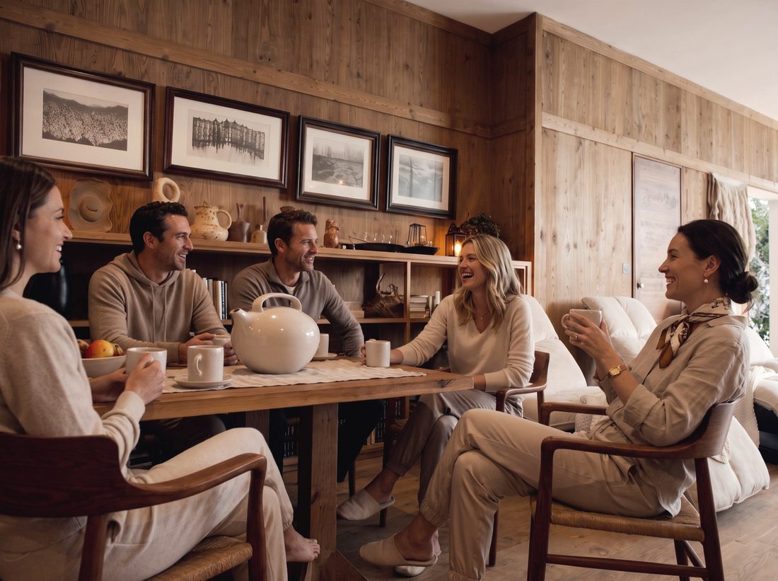 Five friends in muted athleisure in easy conversation over tea at the oak table in the warm rest room.