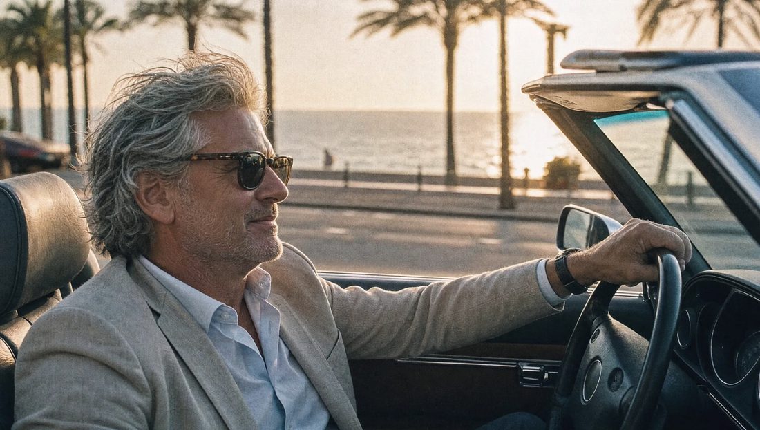 A silver-haired man in sunglasses at the wheel of an open convertible on a palm-lined seafront at golden hour.
