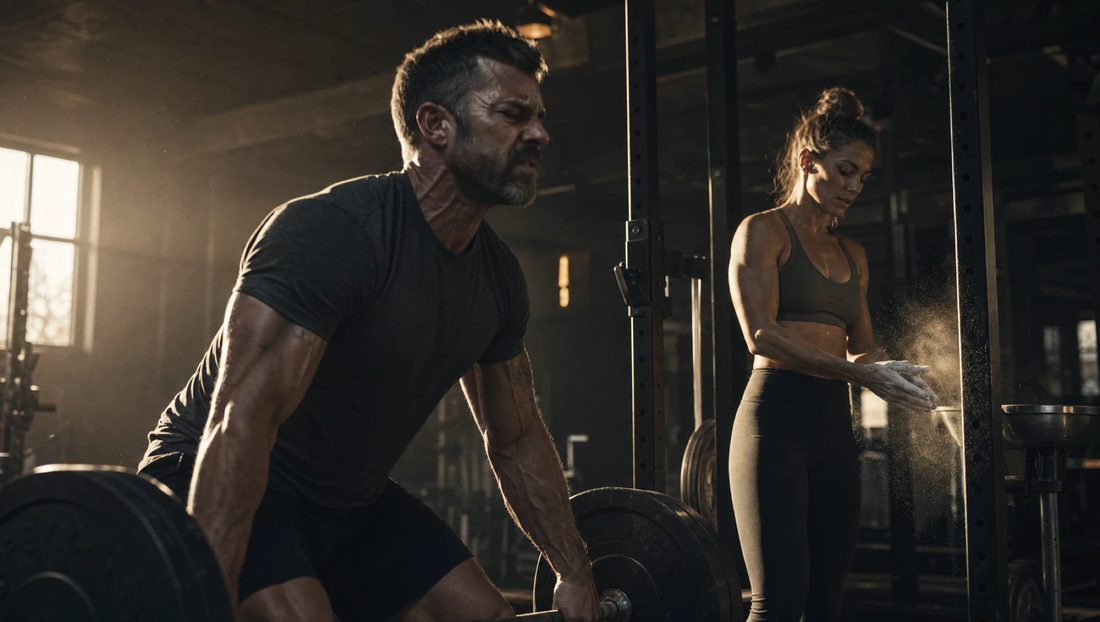 A lifter setting up over a loaded bar in a dark gym while a partner chalks her hands in the window light.