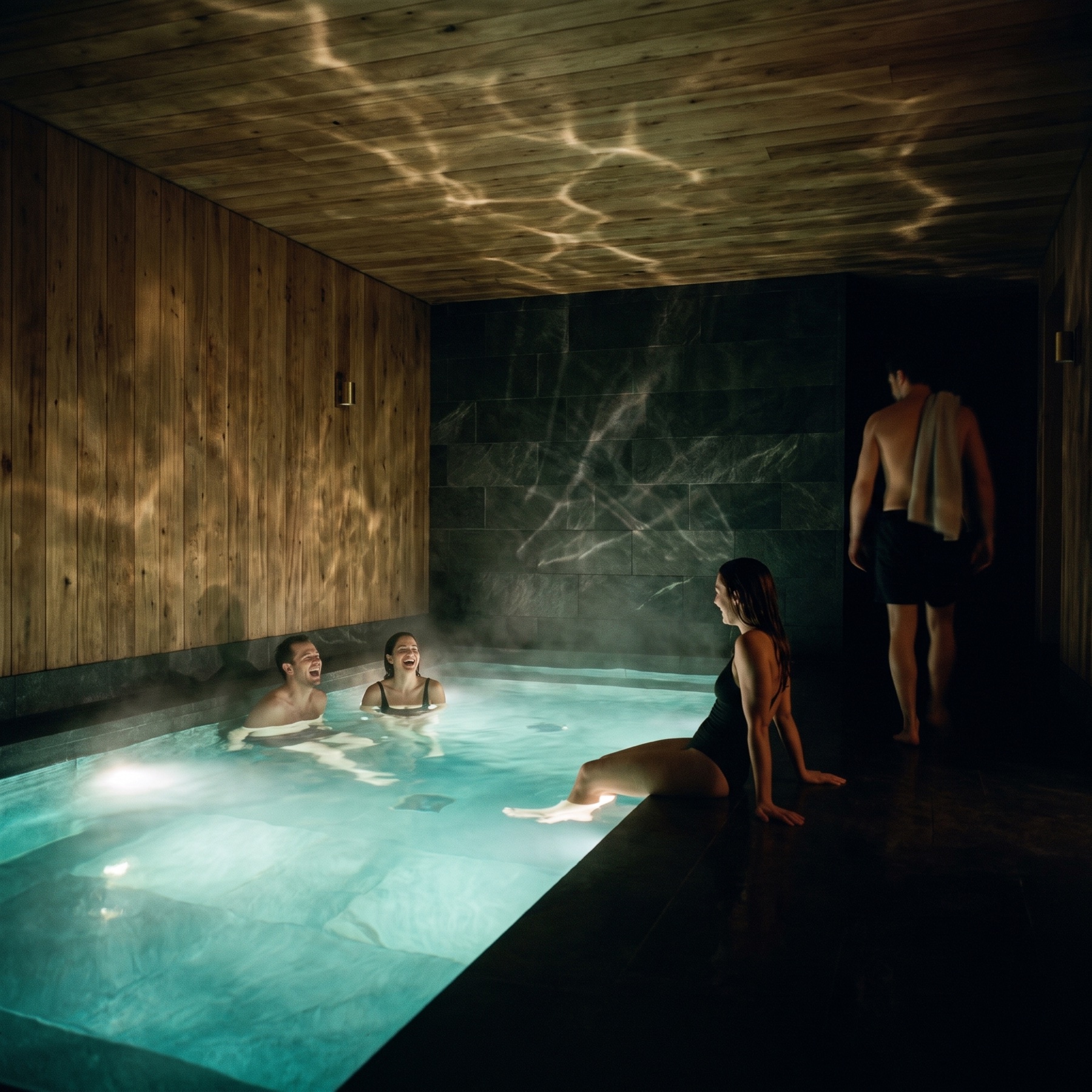 The water room at night: still water lit only from below, the light rippling across the timber ceiling, people talking in the water.